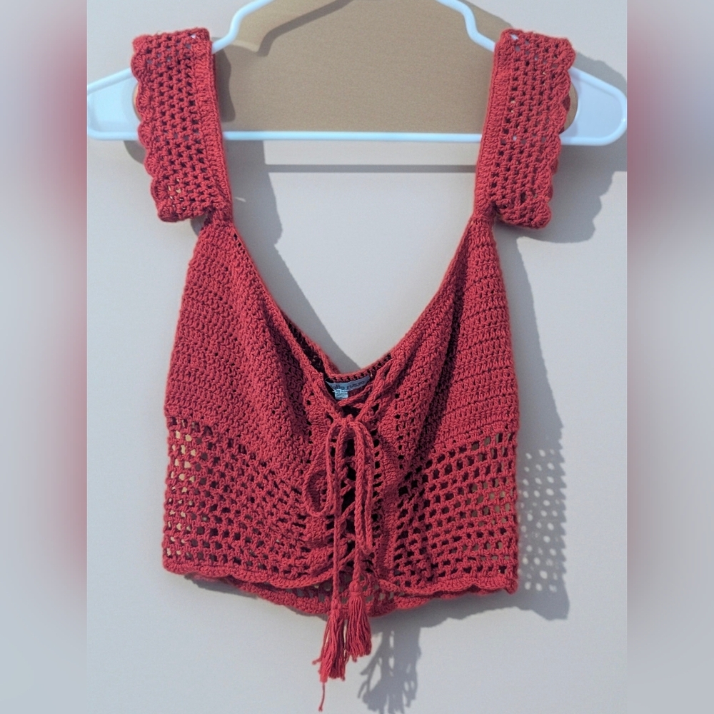 Red Crochet Off The Shoulder Top, Charlotte Russe Women's Knit Tie Front Blouse
